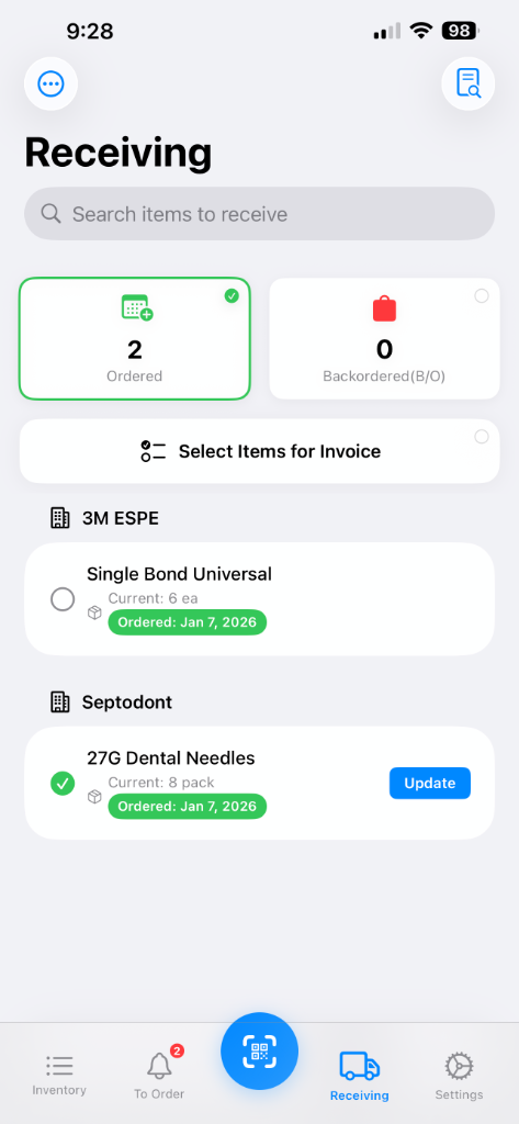 Stock Page Receiving